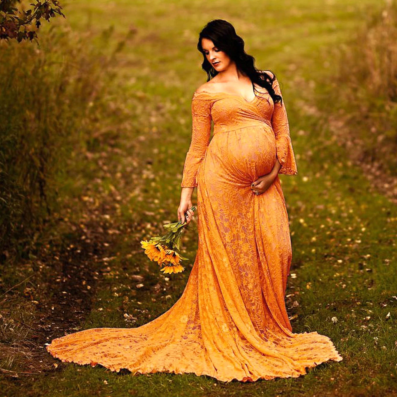 V Neck Chiffon Flared sleeve Maternity Gown Lace Maxi  Dresses Women Clothes Photography Pregnancy Dress For Photo Shoot