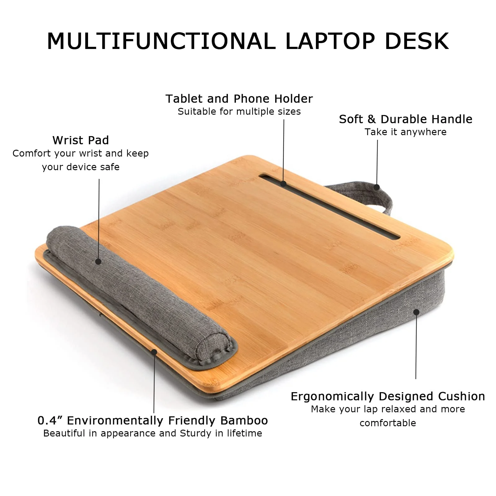 Bamboo Lap Desk Laptop Tabletop Tray Writing Desktop Portable Laptop Table Notebook Stand Laptop Desk with Cushion Pillow