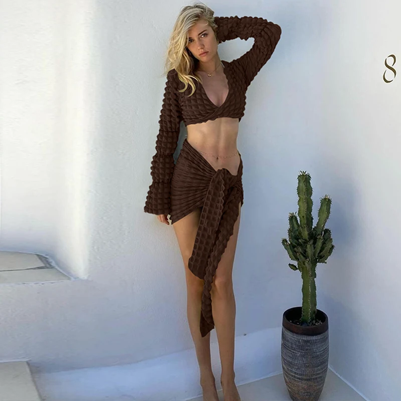 Fashion Sexy Ladies Clothing Short Wrap Skirt Co Ord Sets Woman 2 Pieces Outfits Two Piece Crop Top And Mini Skirt Set For Women