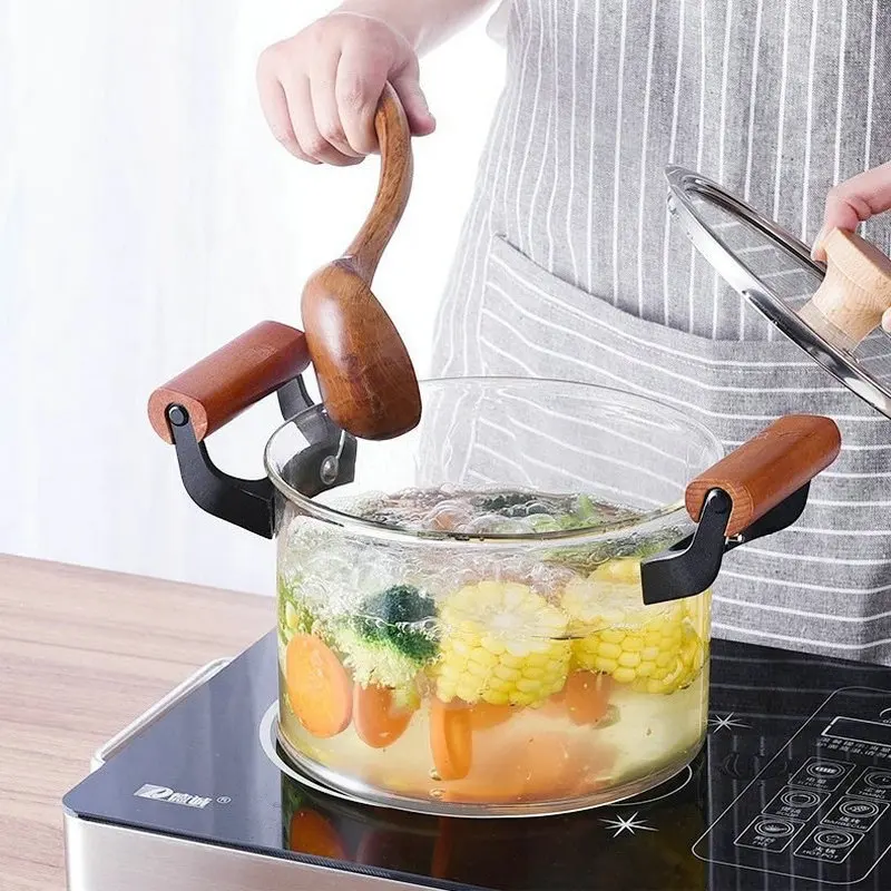 new design borosilicate clear glass cooking pot cookware set with wooden handles