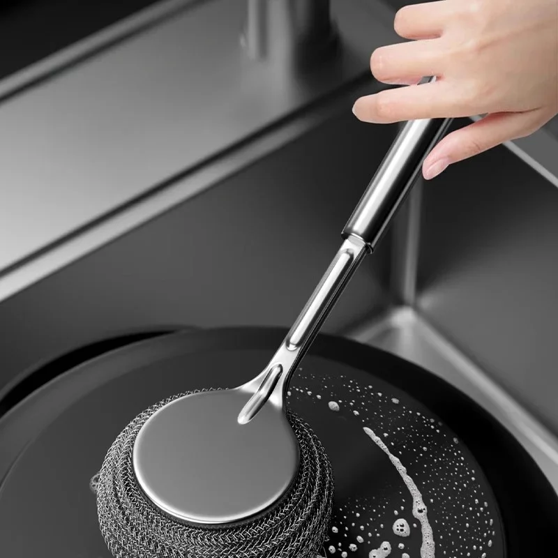 Steel Wire Ball Pot Brush Kitchen Pan Dishes Cleaning Brush Long Handle Scourer Strong Decontamination Cleaning Brush