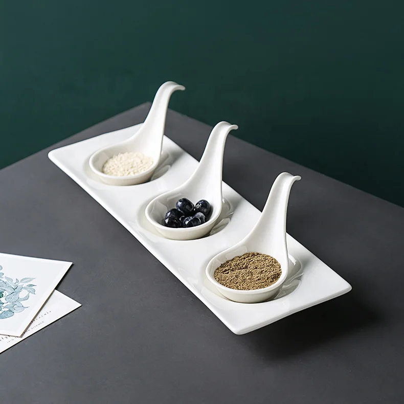 Factory Wholesale White Porcelain Serving Dish Set with Tray Ceramic Spices Dishes for Dining Tables