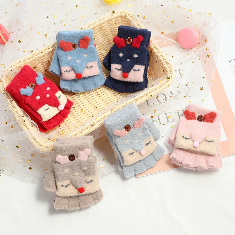 
2021 New Winter Christmas Primary School Cute Pattern Knit Flip Half Finger Gloves For Boys Girls Baby 