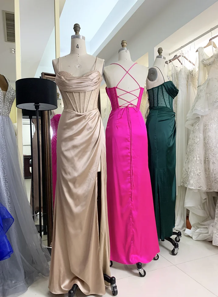 Hand pleated Hot pink Soft Drapes Square Neckline Corset Bodice Lace Up Back High Slit Rhinestones Bodice fitted Prom Dress