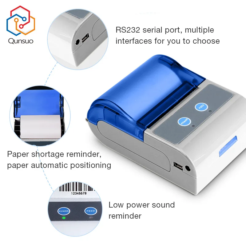 Pos58 Mini Portable Thermal Receipt Printer QS5803 Thermal Label Printer Wireless Bluetooth RS232 Pocket Printer Wholesale