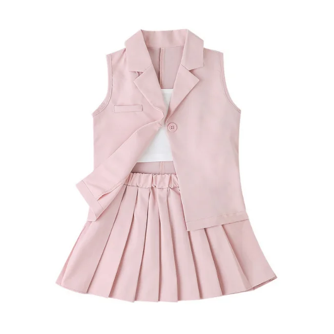 Wholesale 3pcs/set Baby Clothing Wear Summer Solid Vest Coat + Suspender + Pleated Skirt For Girls Baby Kids Clothes