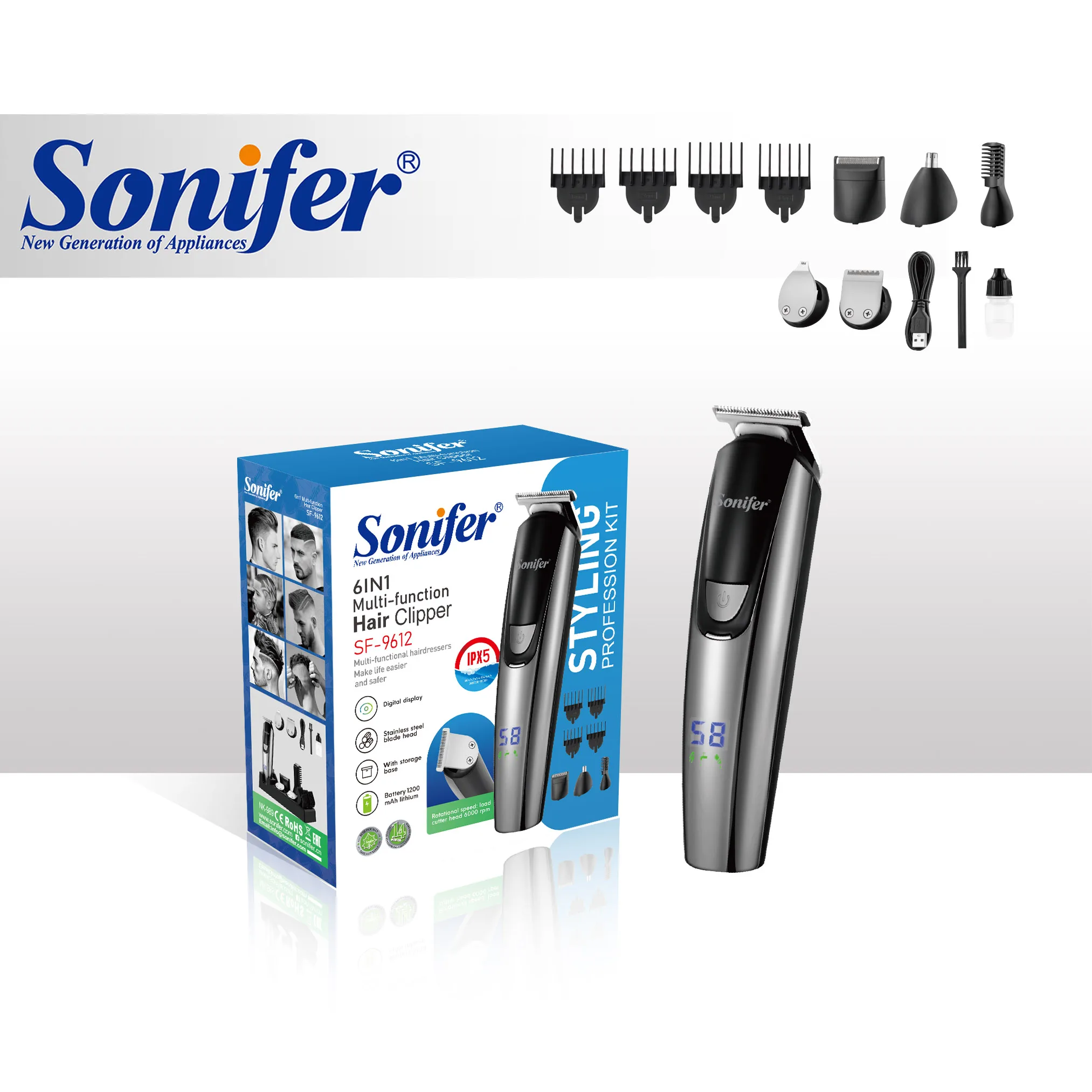 Sonifer SF-9612 6 In 1 Multifunction Hair Clipper IPX5 Waterproof Styling Profession Kit High Quality Hair Trimmer