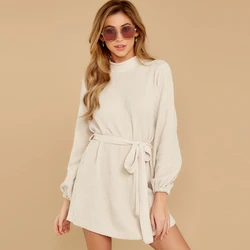 Knitted manufacturers wholesale sweater women clothing high neck luxury white sweater dress