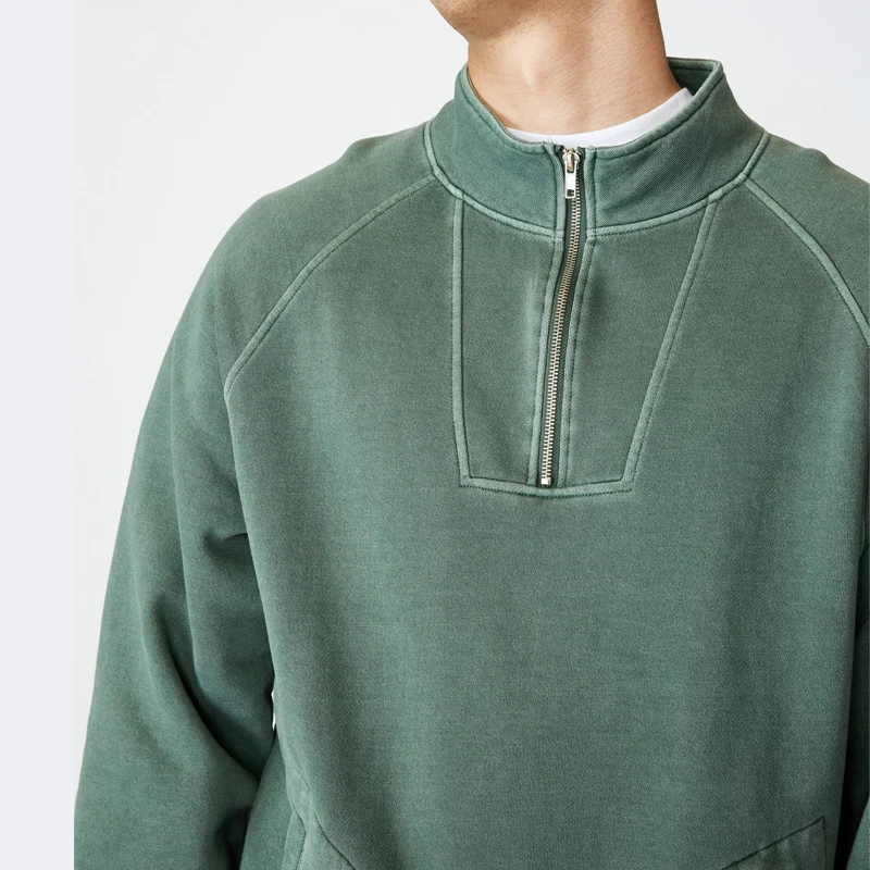 Maxgarment High Quality Super Fit Casual Quarter Zip Up Hoodie Washed Green Sweatshirts Hooded Mens
