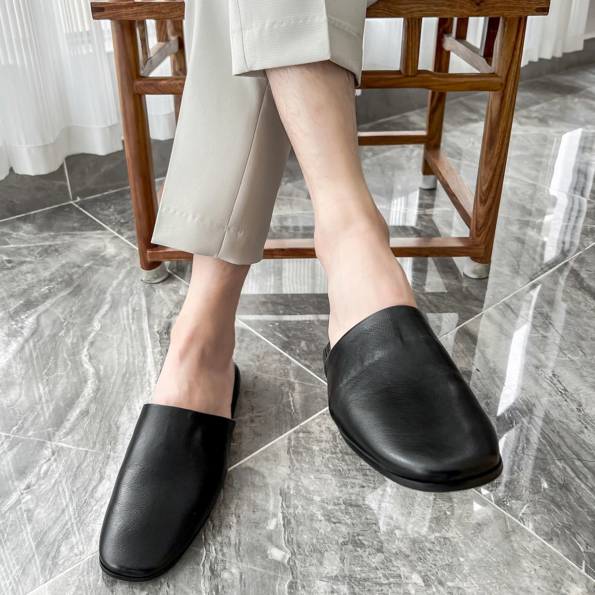 2025 Men Outdoor Half Slippers Business Dress Slip-On Casual Genuine Leather Shoes Wholesale