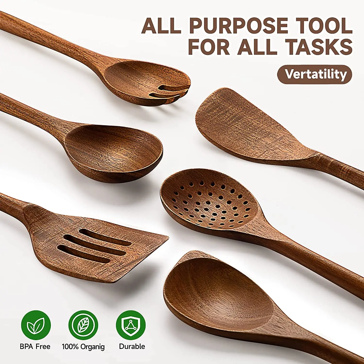 Hot Sale Wooden Spoons Utensils for Cooking Serving 6-Piece 12 Inch Round Handle Acacia Wood Non Stick Set