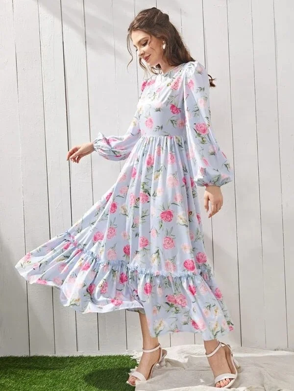 KY Floral Print Lantern Sleeve Ruffle Hem dress mother and daughter matching dresses for girls