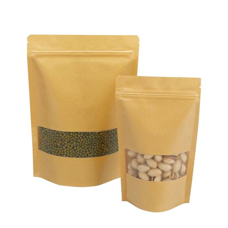 Biodegradable Recycled Customized Stand Up Pouches Dry Food Packaging Brown Kraft Paper Bags With Translucent Window