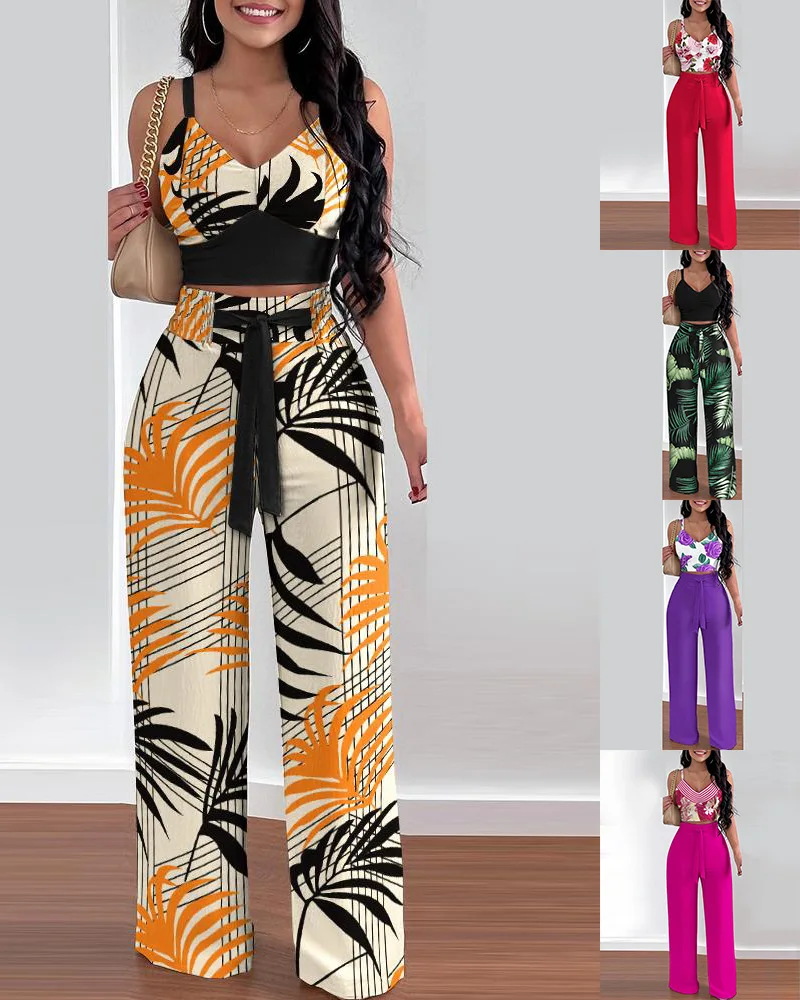 Spring and Summer New Fashion Print Suspenders Wide-leg Trousers Two piece Set