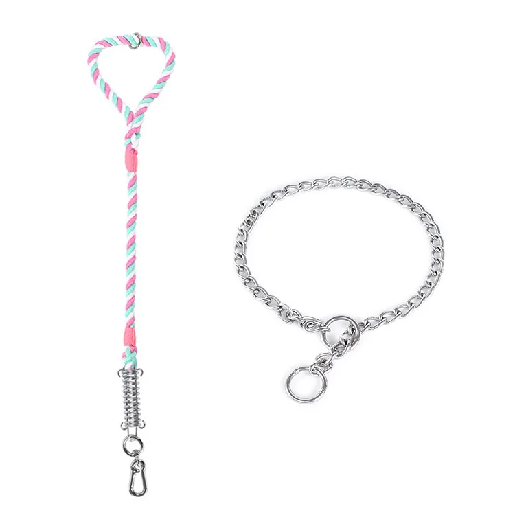 Loudik Wholesale Stocked Braided Rope Big Pet Leads Elastic Training Bungee Metal Stainless Steel Dog Chain Collar And Leash Set