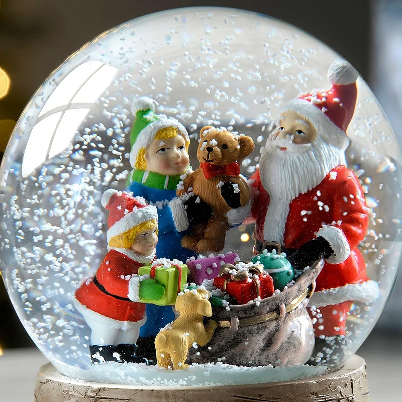 Handmade Resin Decoration Crafts Snowglobes Glass Santa Children and Puppy with Birch Base Christmas Snow Globe