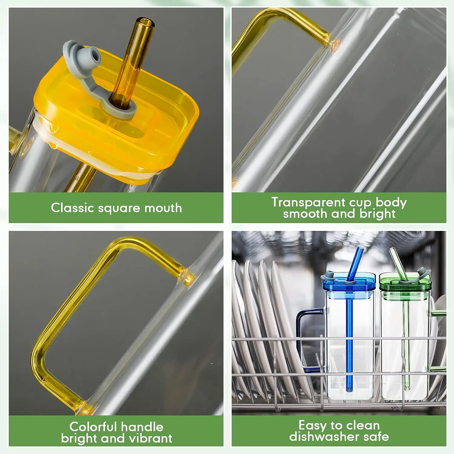 High Borosilicate Heat Resistant Juice Coffee Drink glass square cup with plastic lid and straw