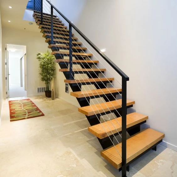 Prefab wood stair nosing carbon steel mono stringer  beech/oak wood tread stairs/solid wood stair design