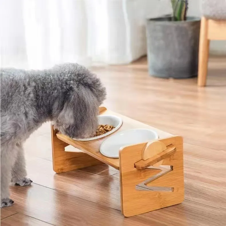 Manufacturer Wholesale Adjustable Height Wooden Silicone Dog Elevated Bowl
