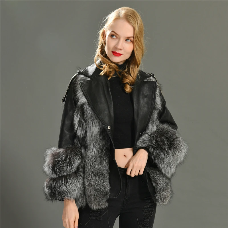 Cool High Street Clothes Women Soft Sheepskin Collar Leather Coat With Fur Fur Fox Coat Leather Jacket