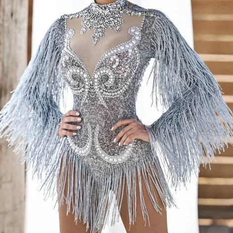 Sexy Long Sleeves Tassel Pearls One Piece Short Jumpsuit Stripper Outfits Dancewear Women Stage Performance Rhinestone Bodysuit