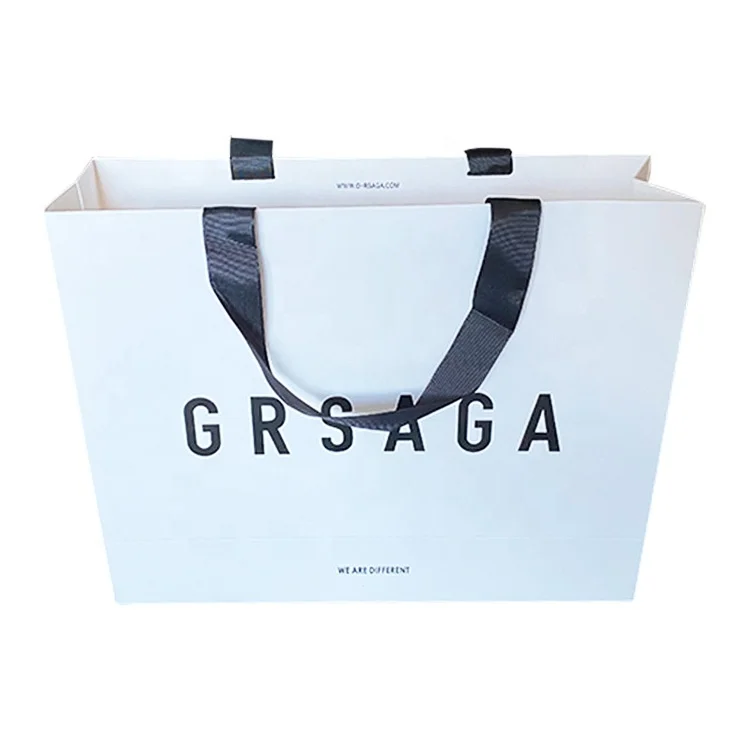 PB-09 Custom hot sale printing black logo matte lamination white card paper bag with black ribbon handles