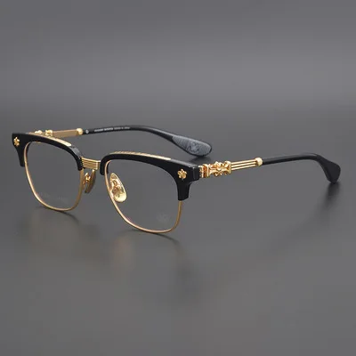 High Quality Handmade Carved Eyewear Pure Titanium Medium Gold Glasses Luxury Italian Acetate Half Frame Myopia Glasses Frame