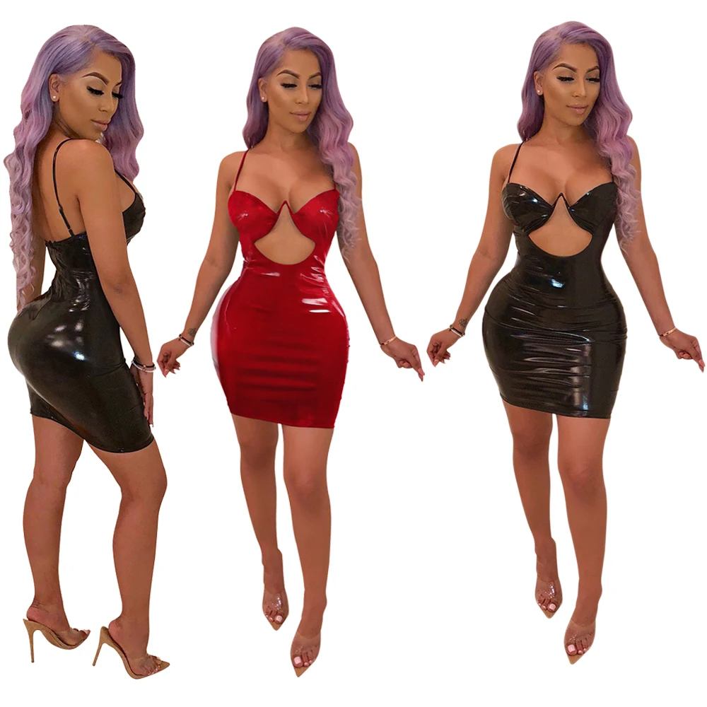 SAK8668 pu leather hollow out design women bodycon sexy night club dress