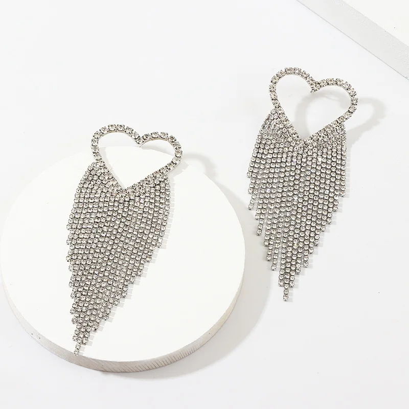 
fashion big long crystal heart earrings for wedding African luxury full diamond rhinestone tassel dangle statement earrings 