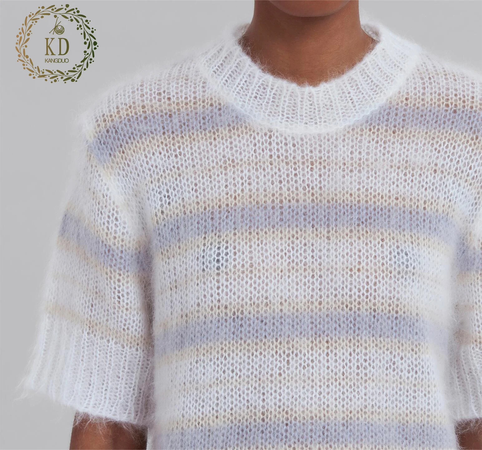 KD Sweater Manufacturer Custom OEM ODM Short Sleeved Crew Neck Brushed Furry White Mohair Wool Striped Top