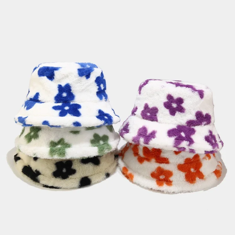 K1913 Winter Flower Bucket Hat Women Fashion Faux Fur Hats Reversible Bob Chapeau Femme Panama Fluffy Fisherman Hat