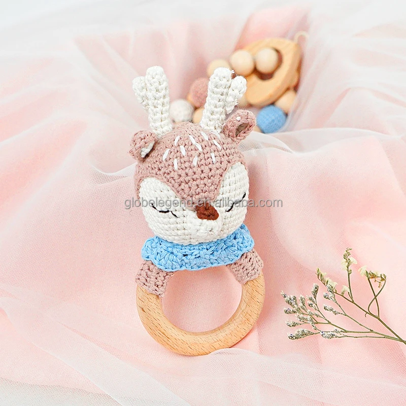 Custom Crochet Animals Cute Newborn Gift Set Wooden Teether Rattle Christmas Children  Baby Rattle Crochet Toys