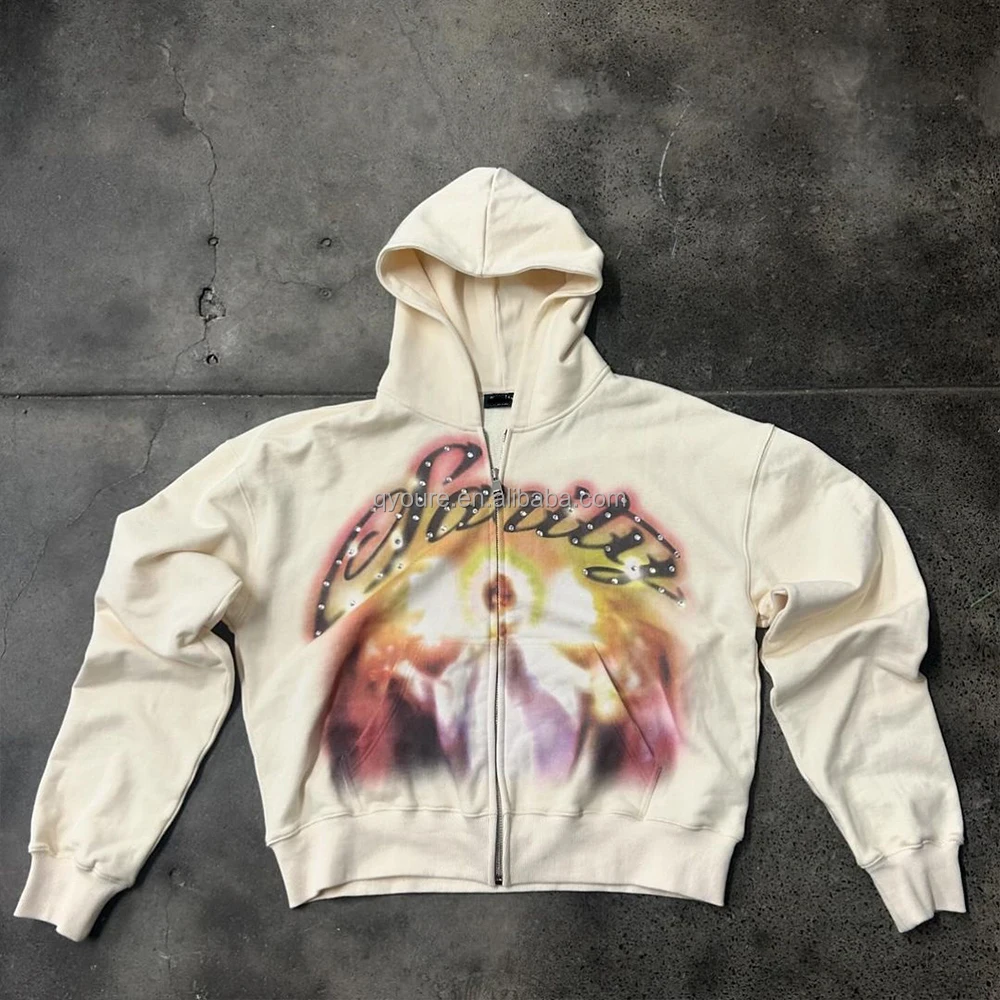 QYOURECLO custom streetwear zipper french terry thick cropped rhinestone DTG graphic mens zip up hoodies
