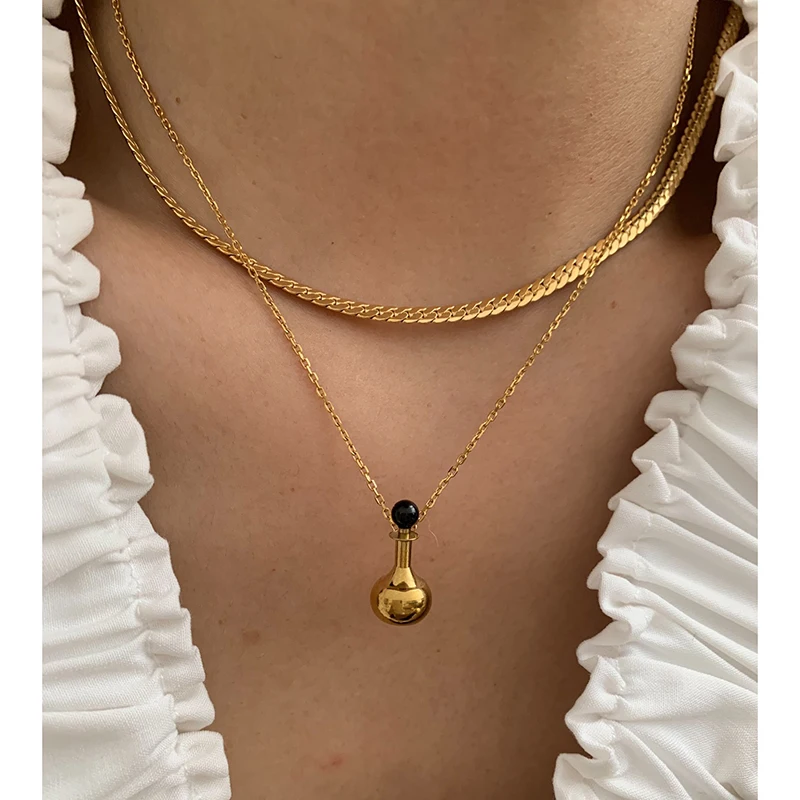 2 Designs Stainless Steel Wine Bottle Necklace Flat Snake Chain Layered Choker Necklaces Water Resistant French Vintage Jewelry