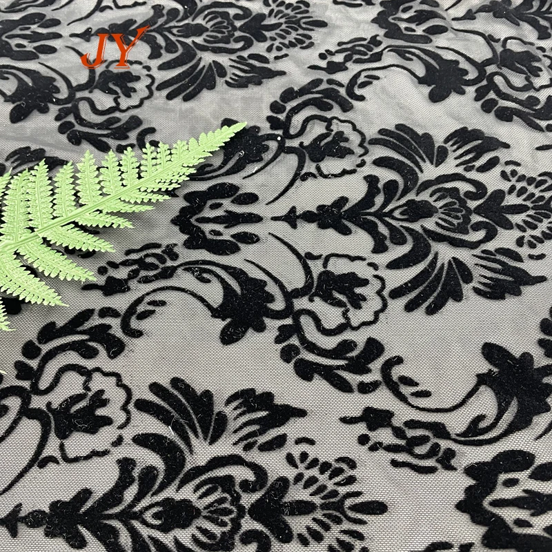 KF073 High Quality  Custom Patterns  Nylon Printed 4ways printing flocking Stretch Mesh Fabric For Clothing