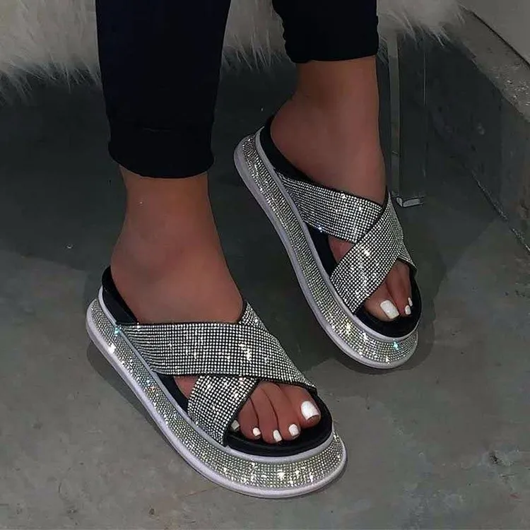 Wholesale Popular rhinestone Beach EVA PVC Slipper cross diamond beach slides platform slippers women shoes fancy flats footwear