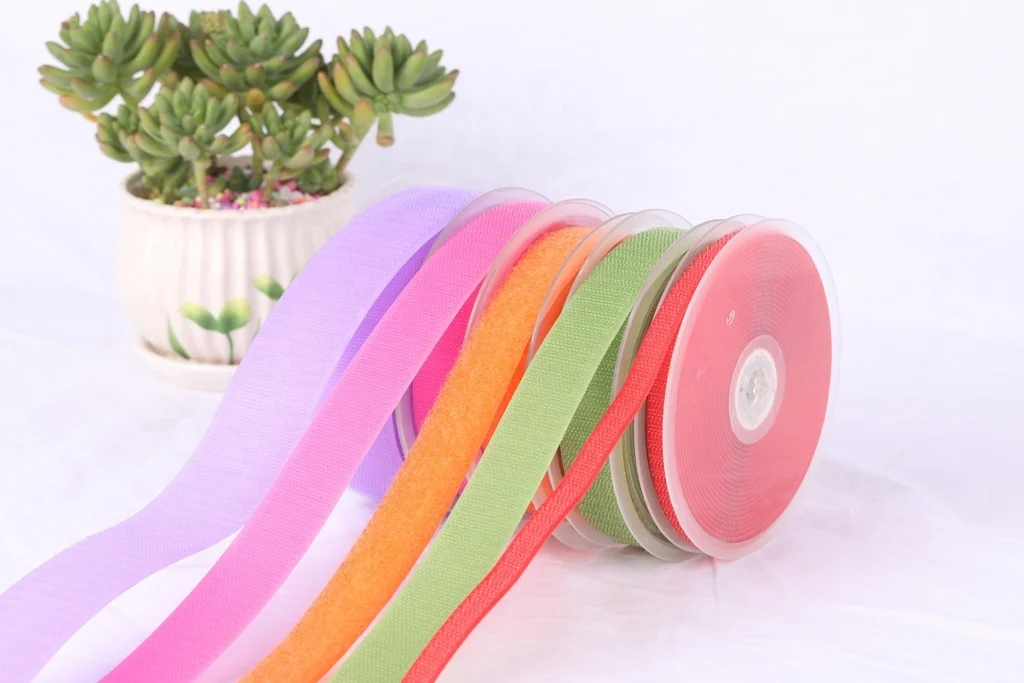 Multi-purpose black green pink blue magic tape hook and loop tape nylon or polyester fabric strips with adhesive