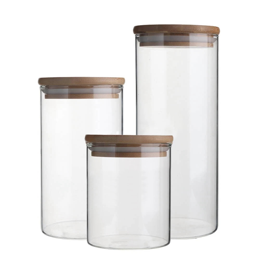 Food Storage Glass Canisters with Airtight Bamboo Lid Clear Glass Container Tubes Kitchen Organization Jars
