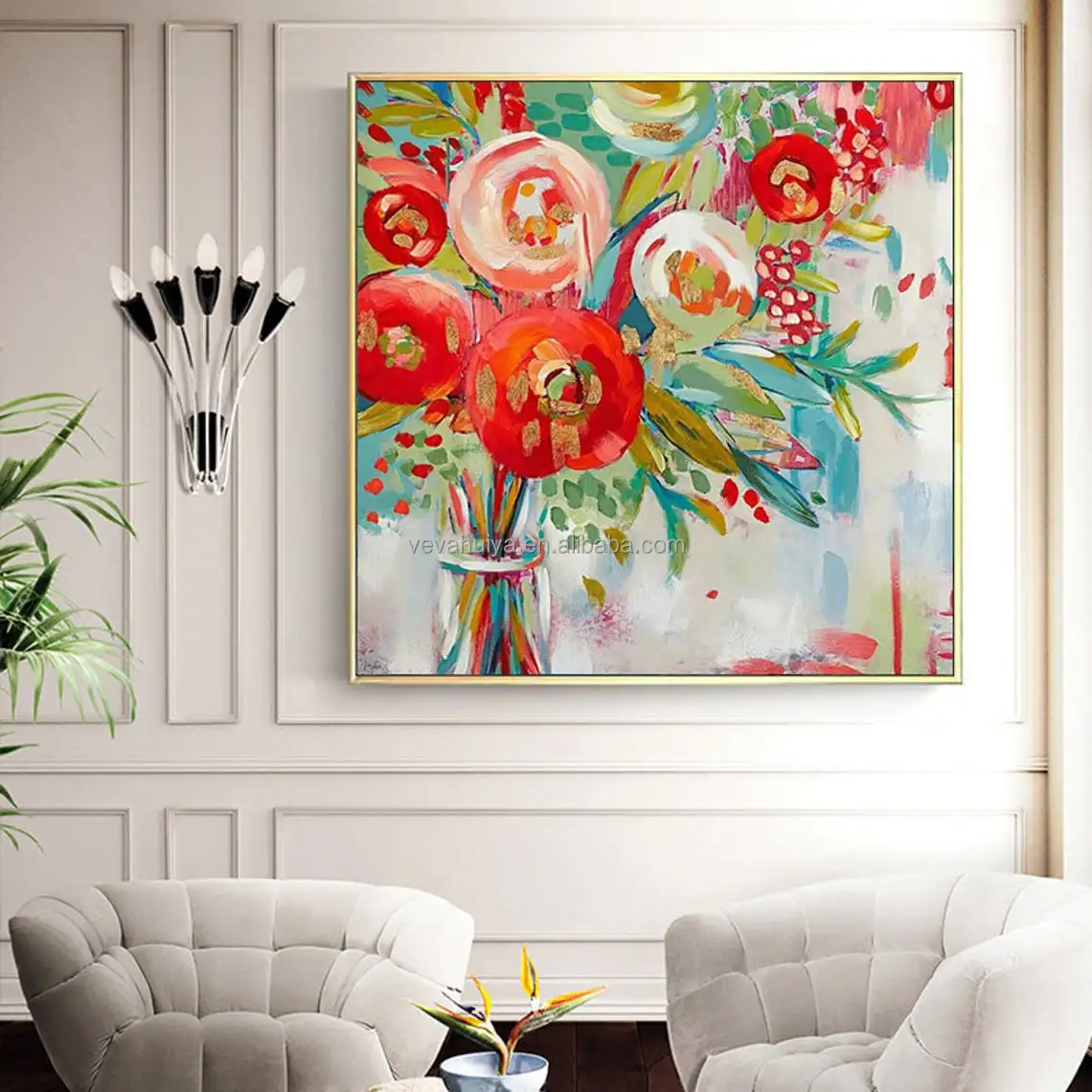 100% Handmade Abstract With Golden Foil Red Color Oil Painting Home Restaurant Decorative Painting