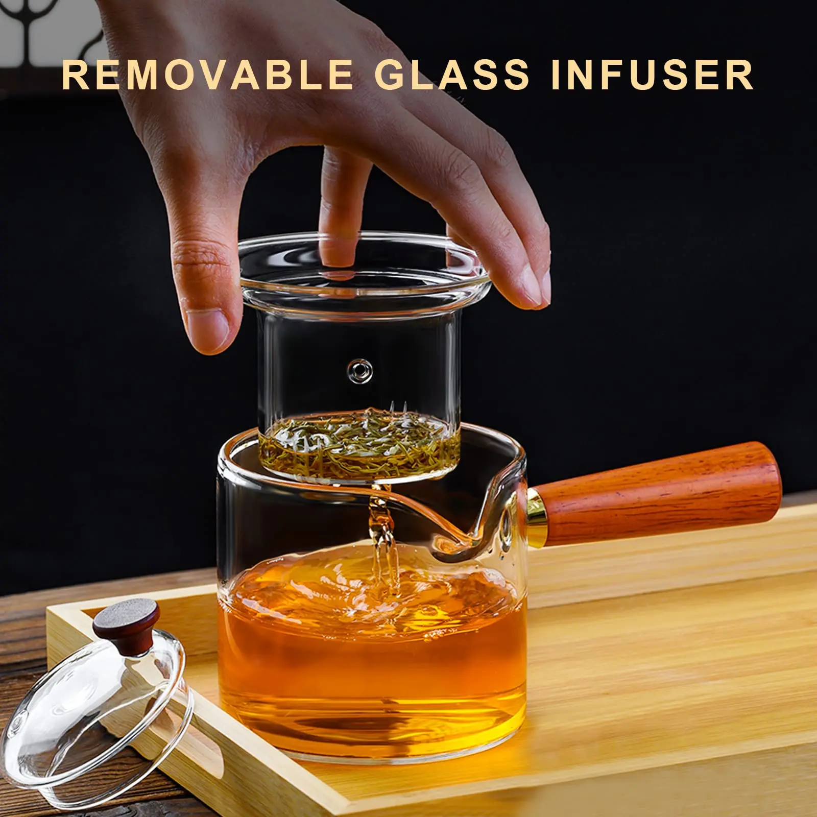 Glass Tea Ware Teapot With Infuser And Cup Mini Bamboo Handle Glass Teapot