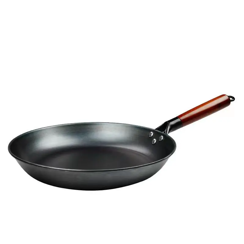 Chinese style traditional uncoated kitchen kitchenware household pancake fried steak cooked iron mahogany handle frying pan