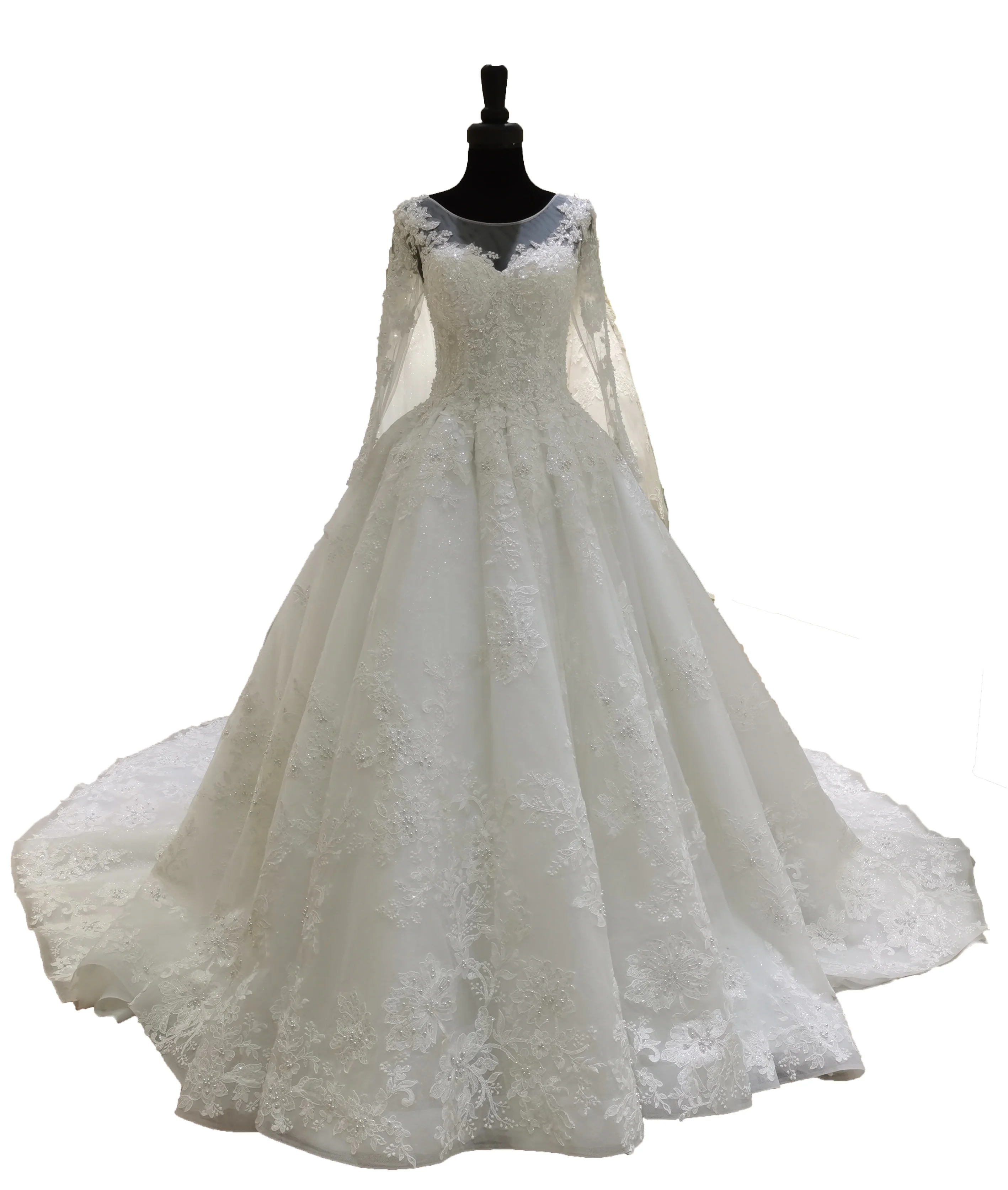 2021 new model long sleeve wedding gown dress long tail beaded pearls handmade work