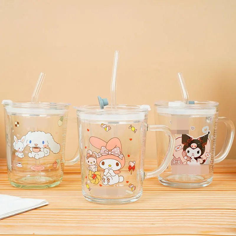 YuBon Cute Klomi Glass Water Cup With Straw 350ML Cartoon Home Student Dormitory Milk Coffee Mug Breakfast Water Glass Girl Gift
