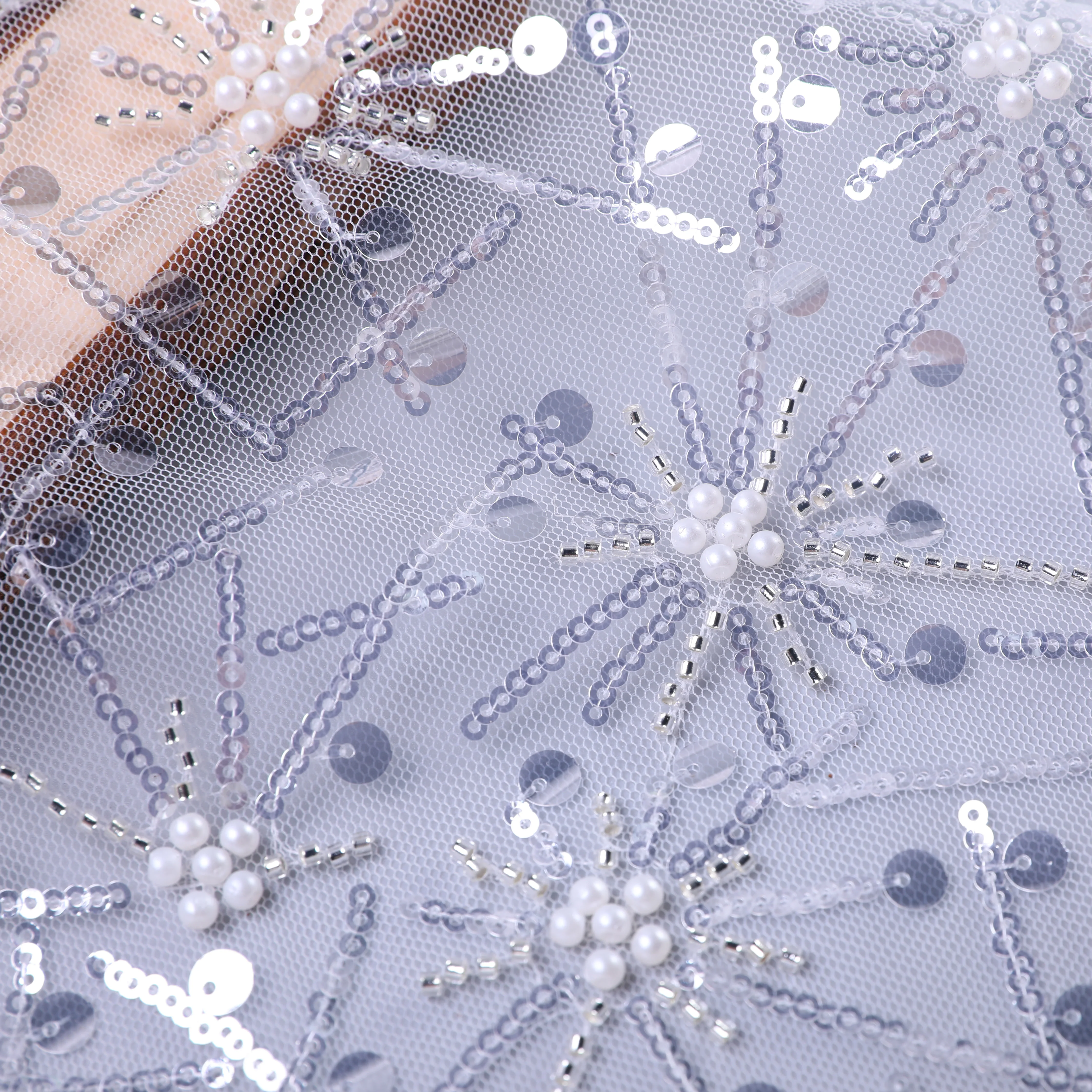 Luxury very beautiful sparkly embroidered fabric tulle with silver beads white pearls and two size sequins fabric