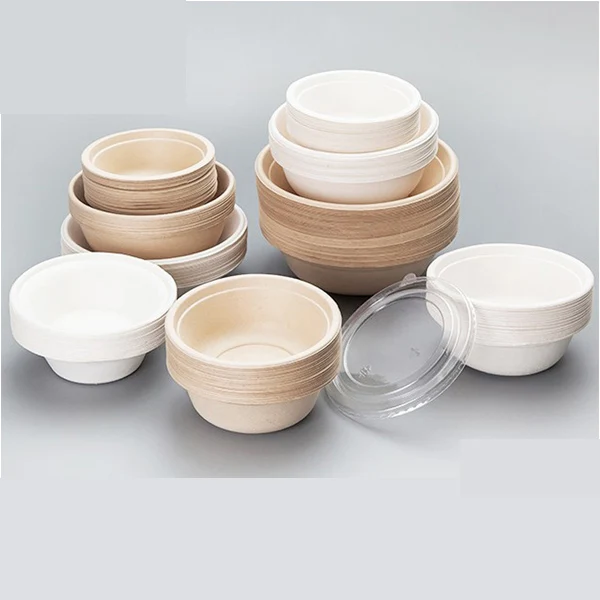 24oz 32oz 40oz compostable disposable biodegradable sugarcane sugar cane food takeaway bagasse bowl soup salad bowl with lid