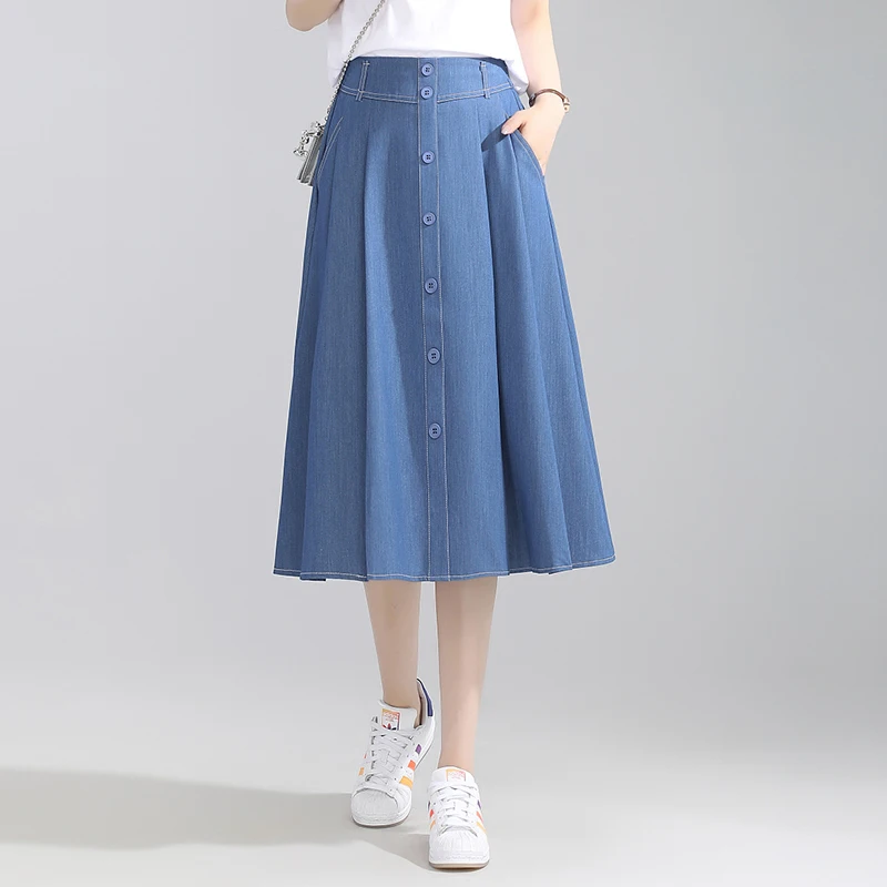 Simple loose high waist A-line single-breasted skirt women 2024 summer new denim skirt