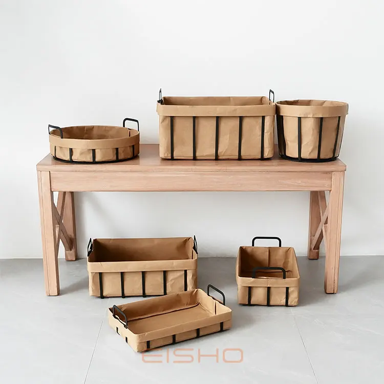 Лидер продаж домашние органайзеры Eisho моющиеся металлические корзины для хранения из крафт-бумаги