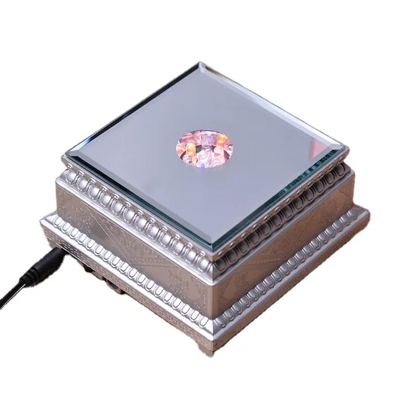 Hot sale round silver plastic case mirror 3D crystals square rotating led light base with music