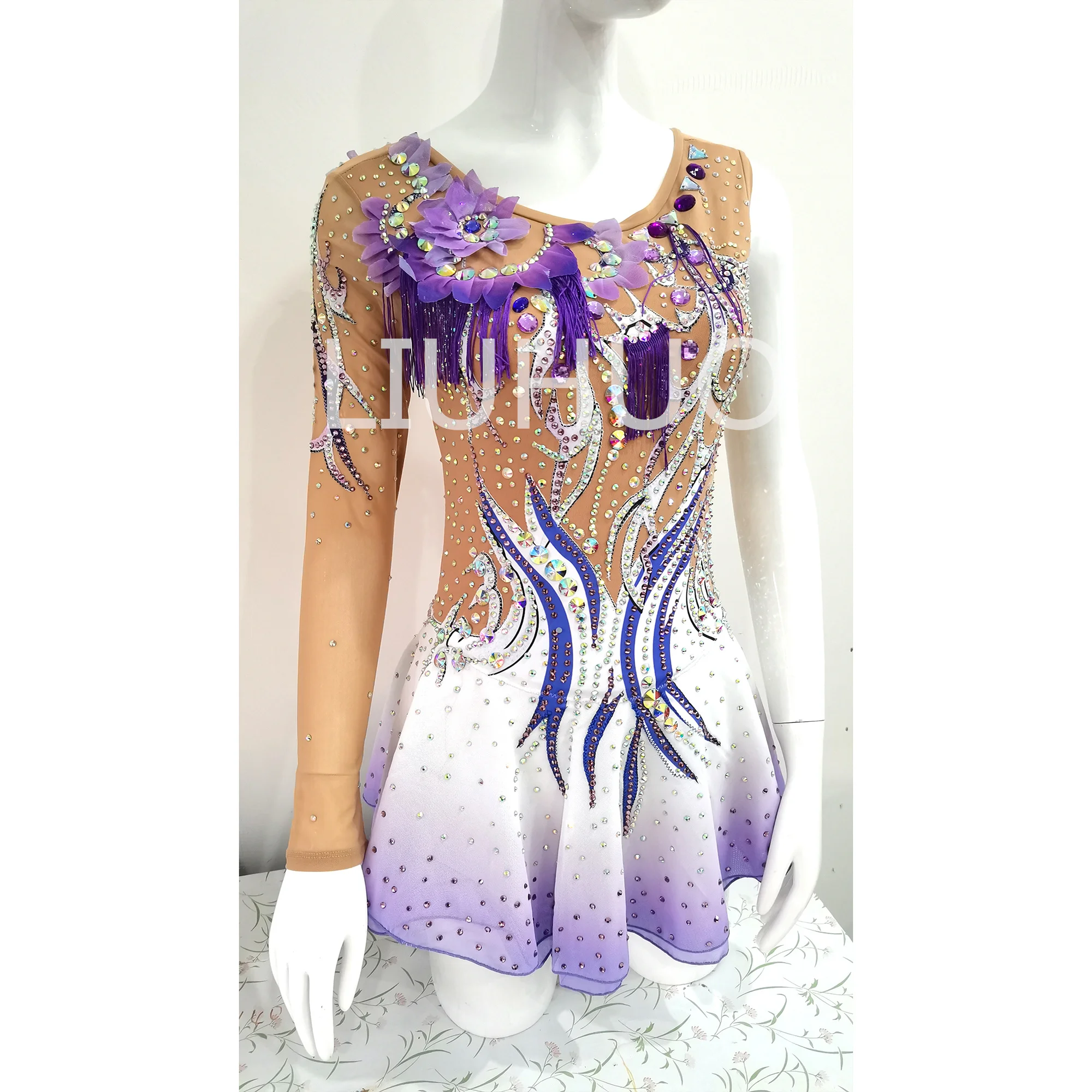 Purple Gradient Figure Skating Dress Girl Three-dimensional Embroidery  Competition Performance
