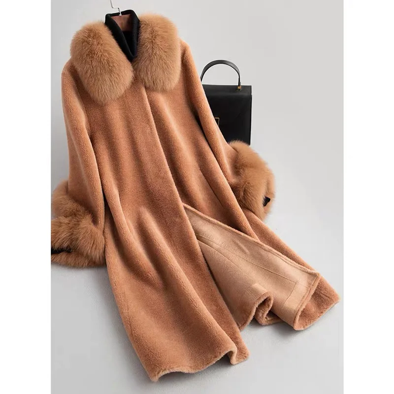 CX-G-T-25C Ladies Fox Fur Collar Winter Lambswool Long Teddy Coats Sheep Wool Coat